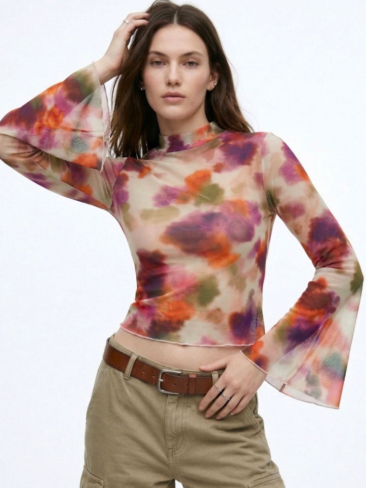 Multi High Neck Printed Mesh Top With Bell Sleeves