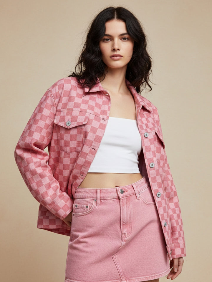 Pink Tonal Checkered Oversized Jacket