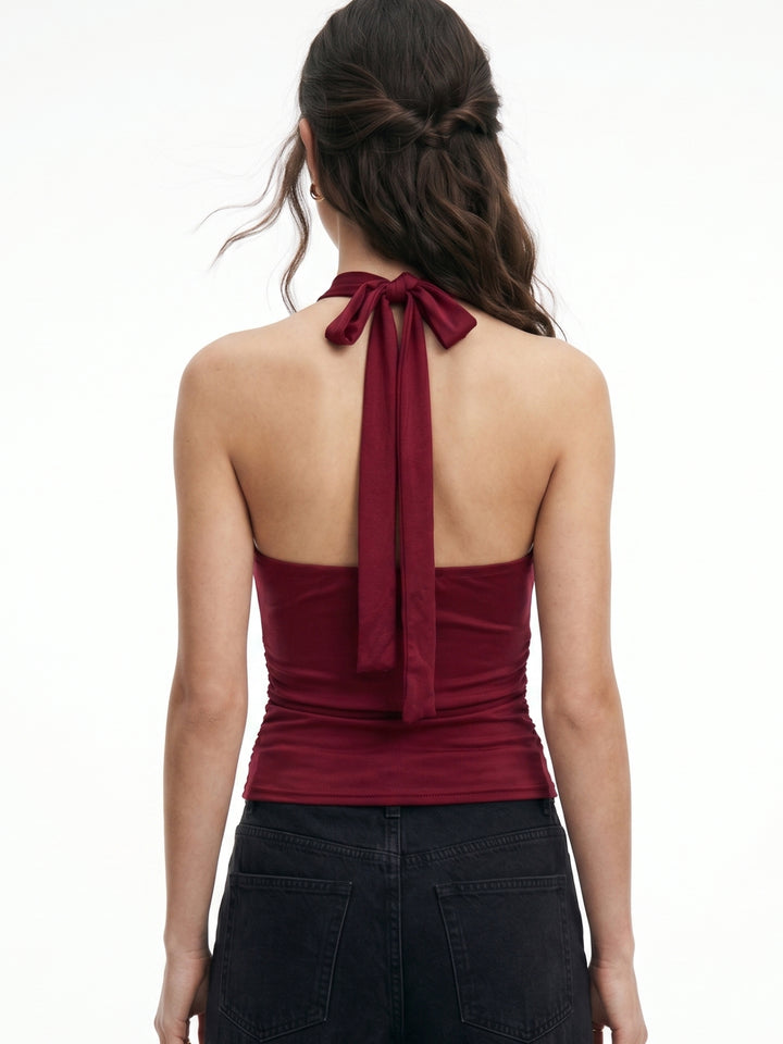 Wine Cowl Neck Halter Tank With Metal Trim Detail