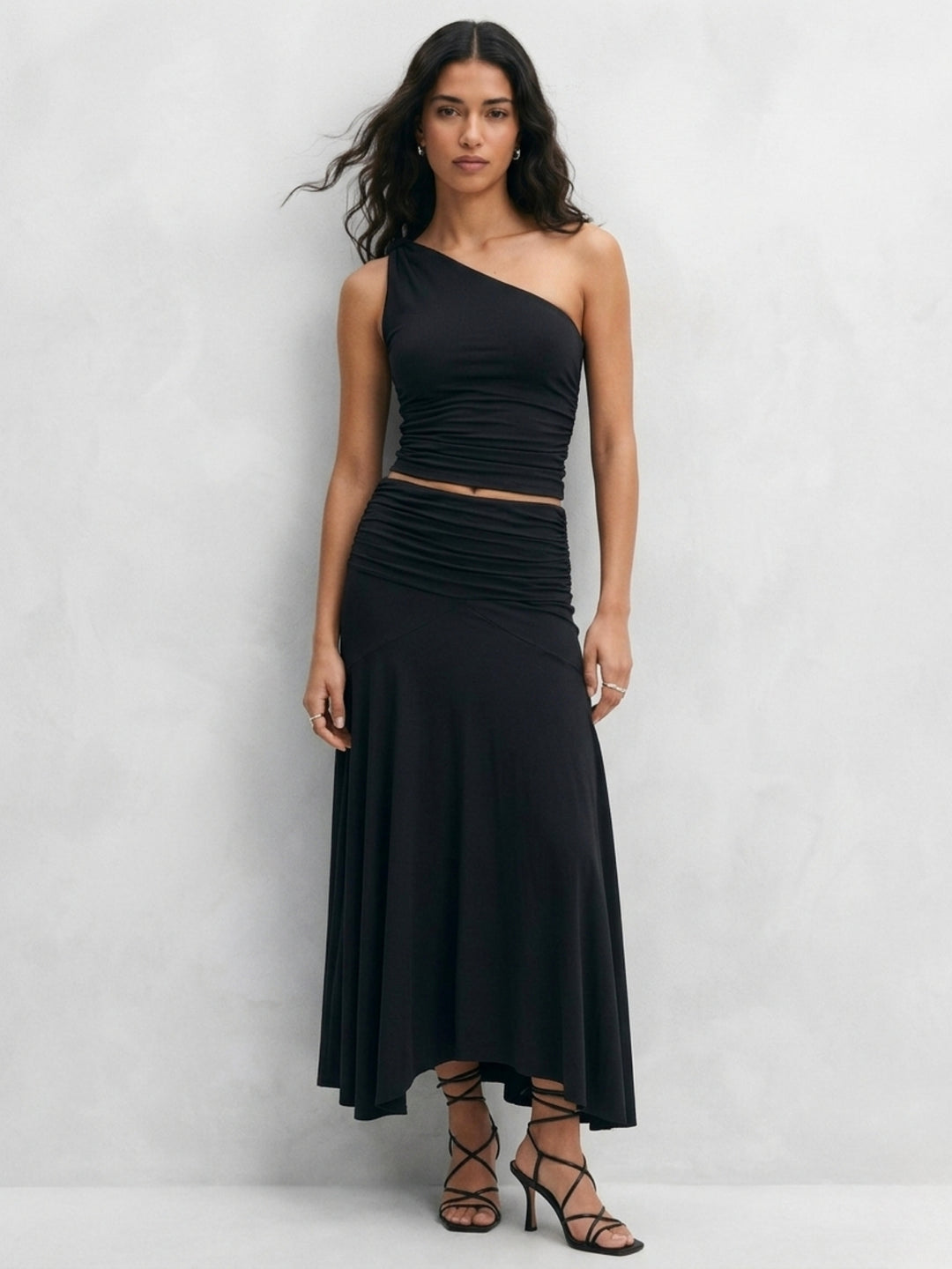 Black One Shoulder Fitted Top And Skirt Set