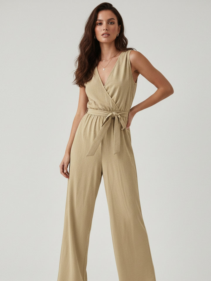 Beige Sleeveless Jumpsuit With Tie Up
