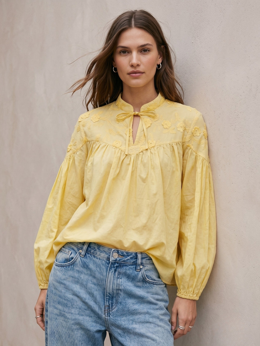 Yellow High Neck Textured Tie Up Relaxed Blouse