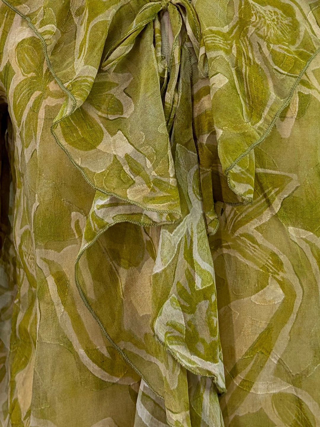 Green V Neck Printed Neck Tie Up Ruffled Blouse