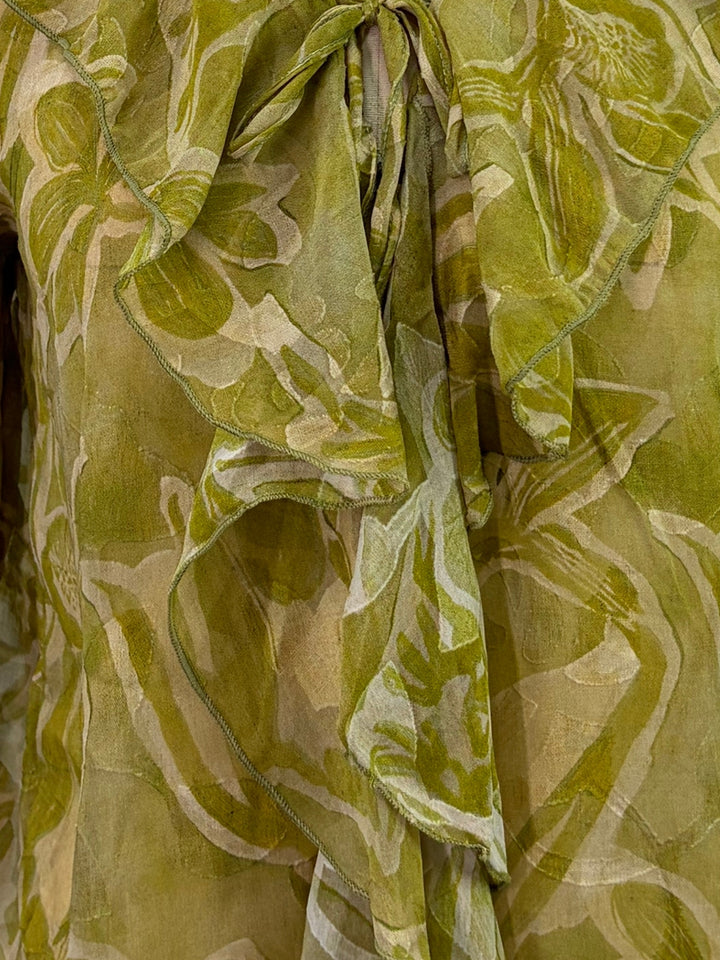 Green V Neck Printed Neck Tie Up Ruffled Blouse