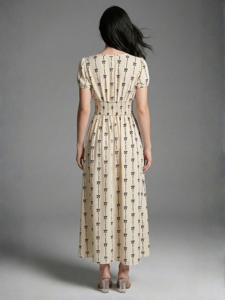 Cream Short Sleeve V Neck Corset Dress