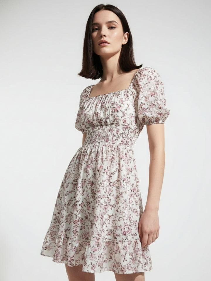 Pink Square Neck Printed Dress