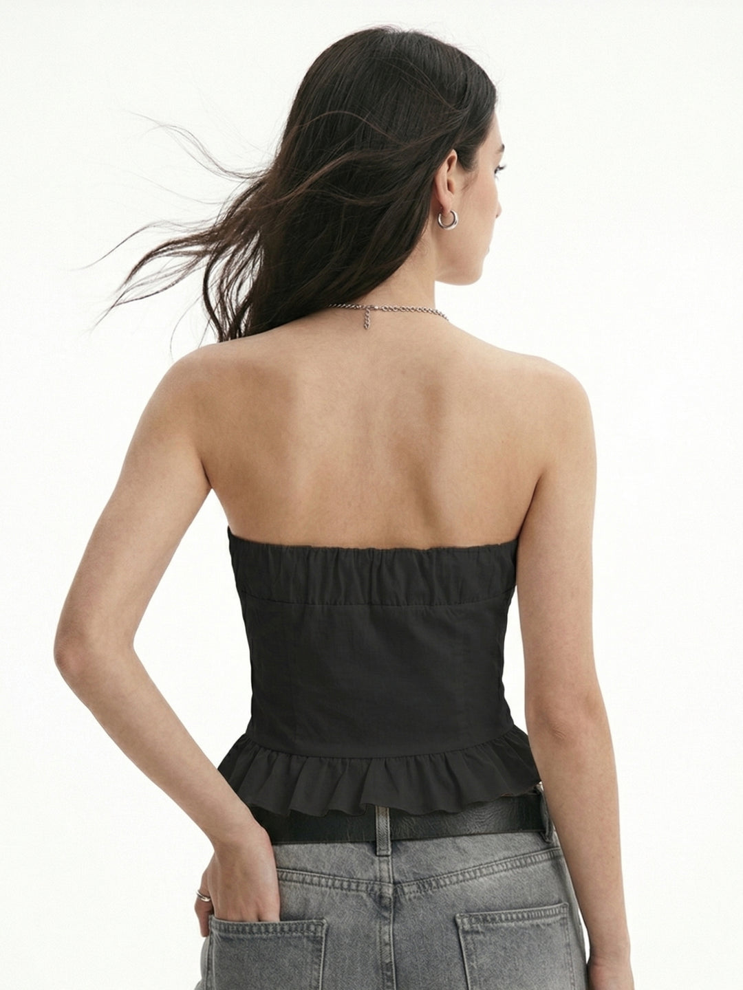Black Off Shoulder Ruffle Hem Top