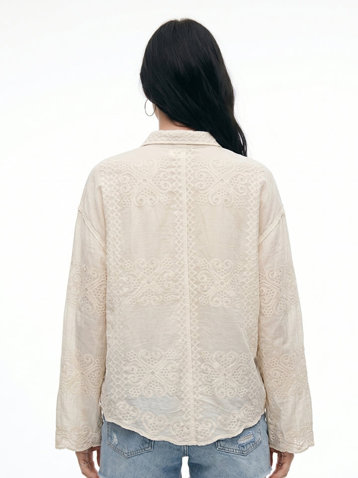 White Full Sleeve Scallop Hem Collared Semi Sheer Embroidered Shirts