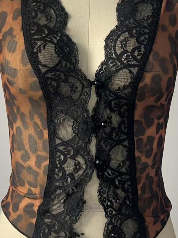 Brown Sleeveless Leopard Printed Lace Top