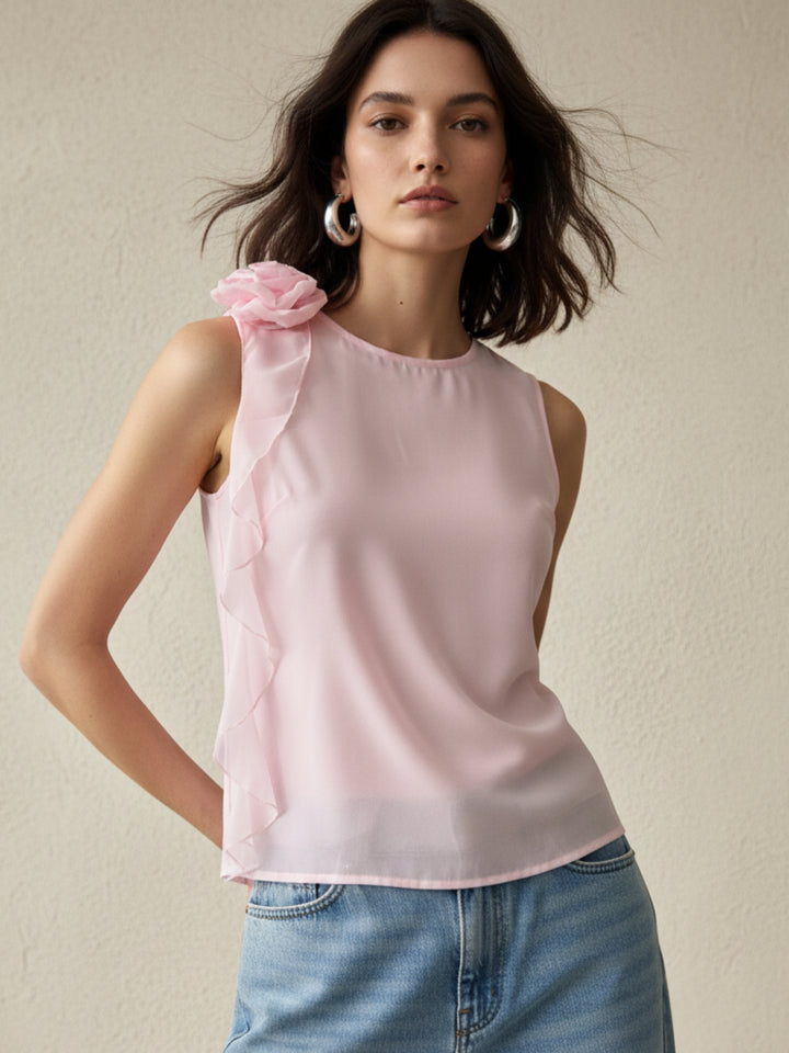 Pink Elegant Sleeveless Blouse With Ruffle And Corsage Detail