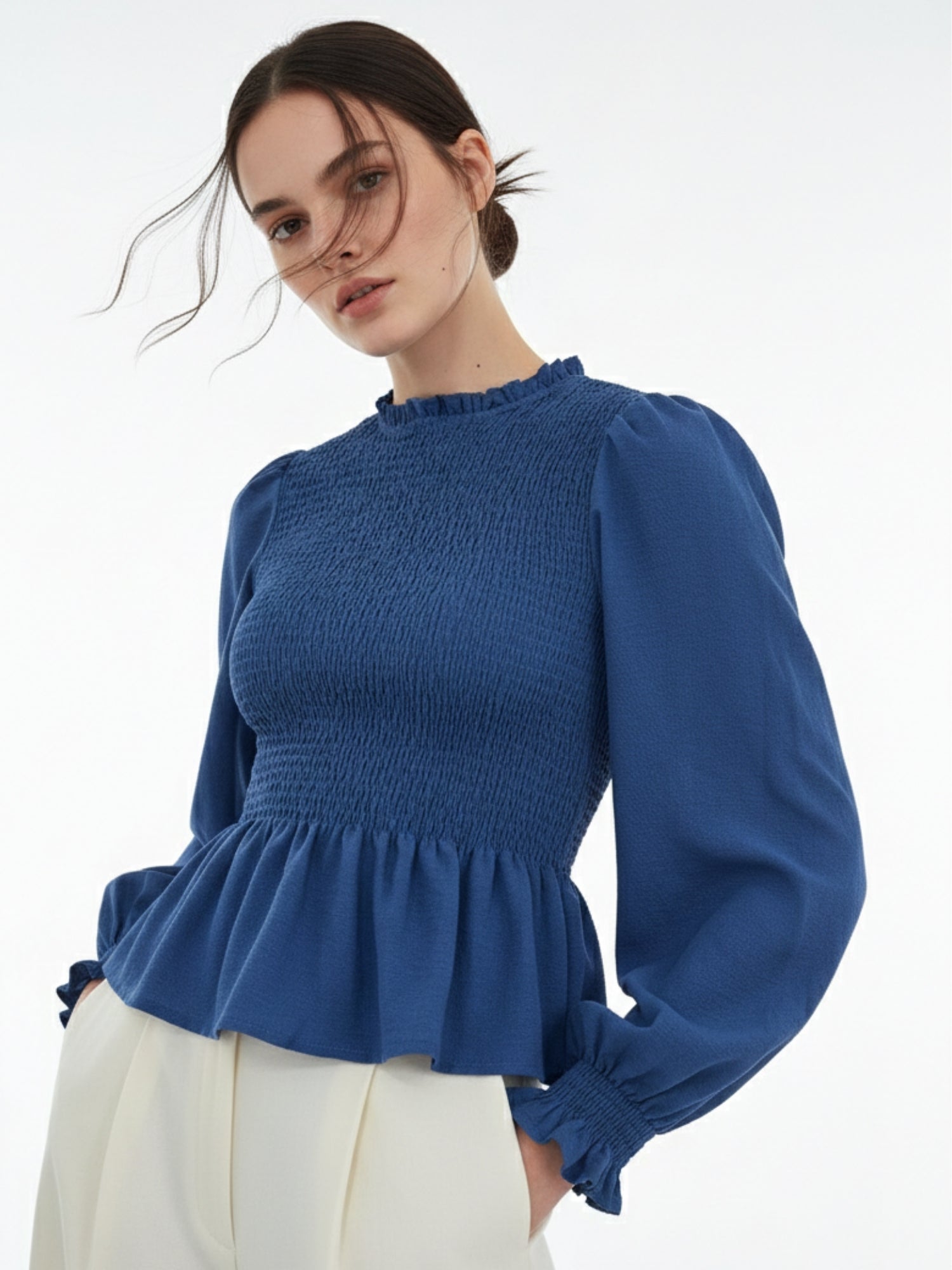 Blue Smocked Bodice Solid Top