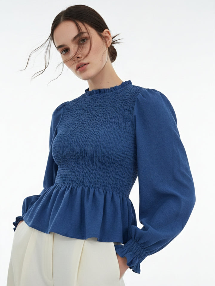 Blue Smocked Bodice Solid Top