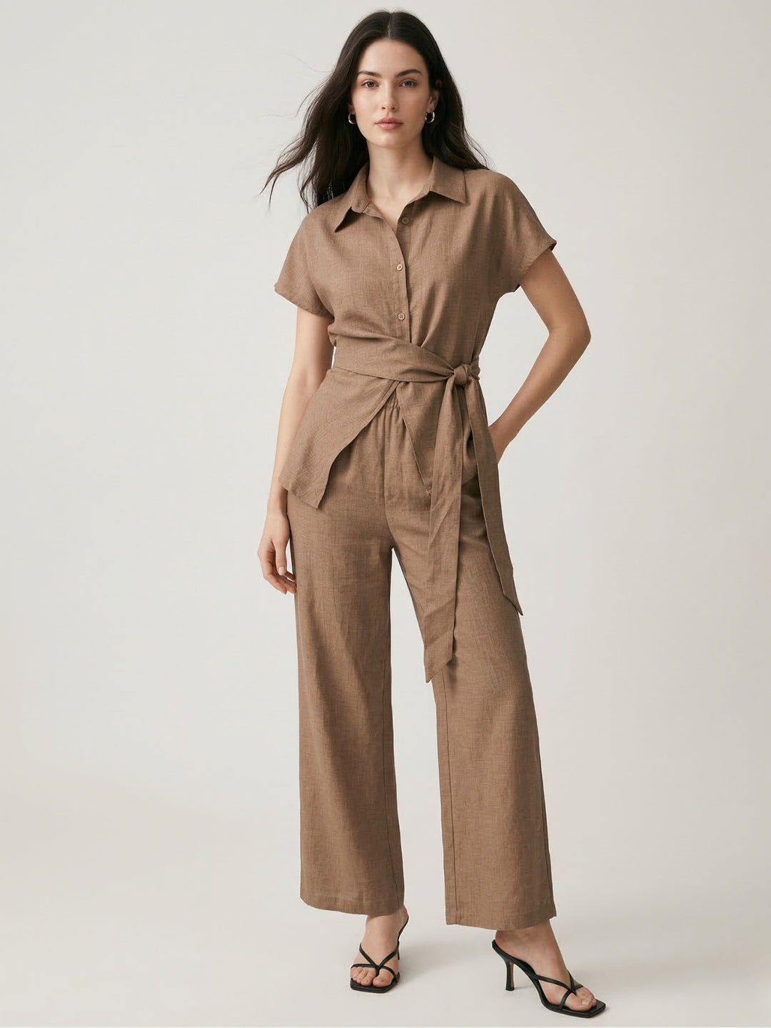 Brown Textured Shirt And Trousers Co-Ord Set