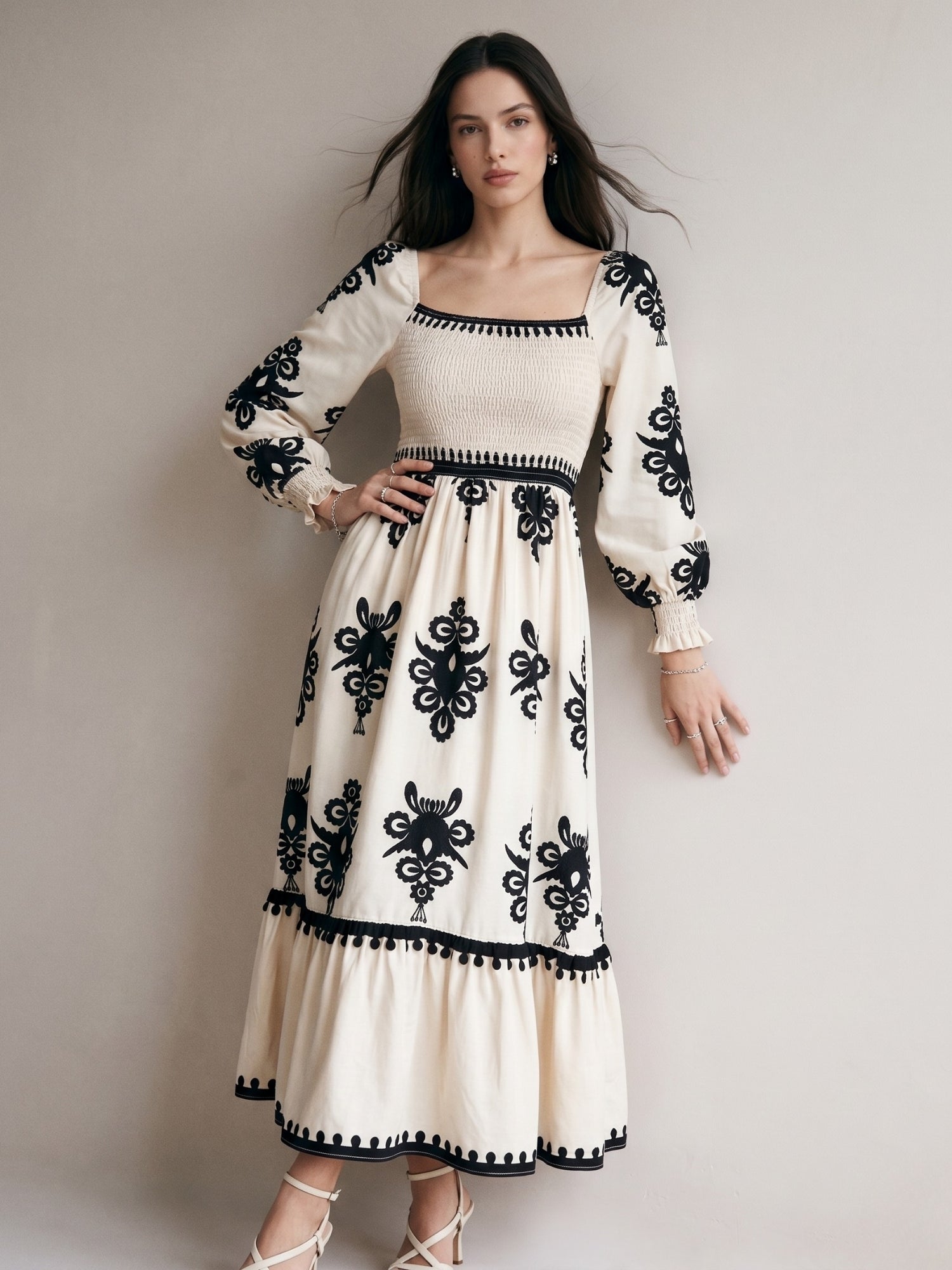 Off-white Bishop Sleeve Square Neck Printed Dress