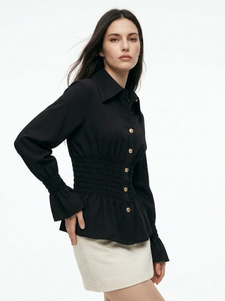 Black Waist Fitted Front Buttoned Top