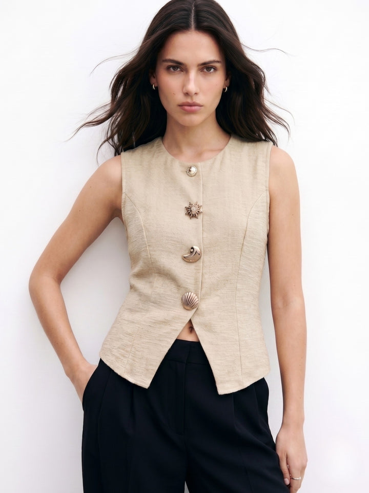 Beige Sleeve Stylized Buttoned Vest