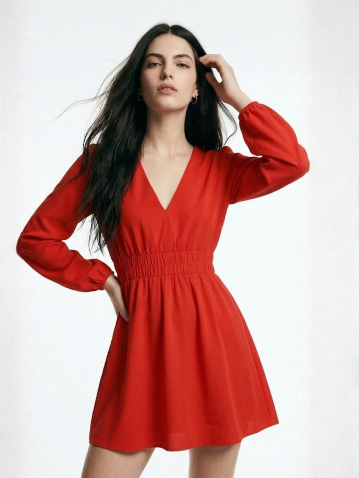 Orange Bishop Sleeve Waist Fitted Skater Dress