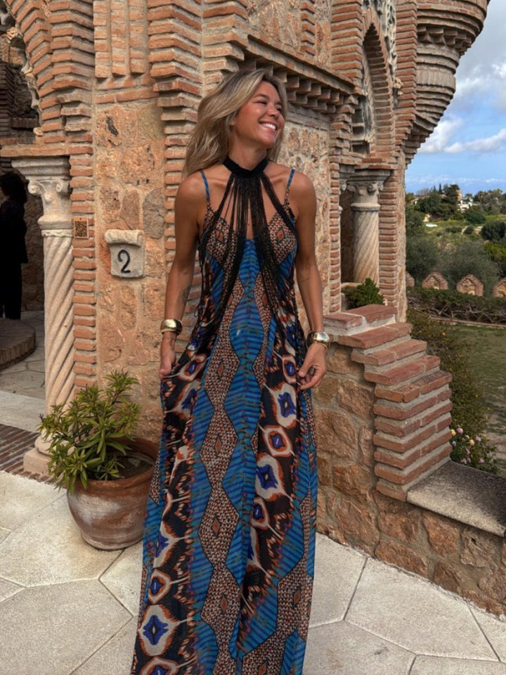 Blue Abstract Printed Neck Detail Dress
