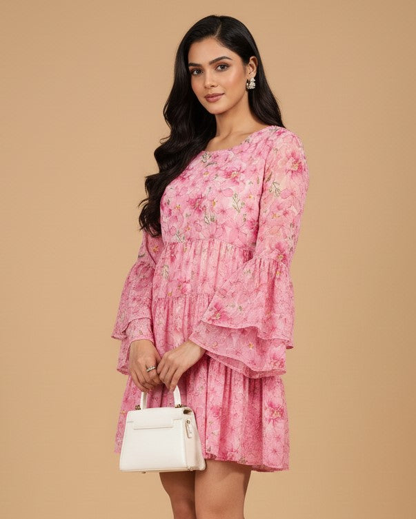 Pink Bell Sleeves Round Neck Printed Dress