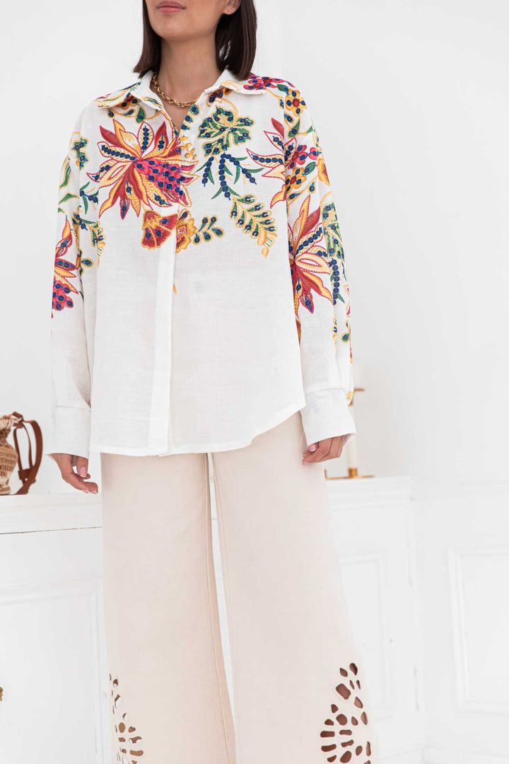 White Full Sleeve Embroidered Collared Top