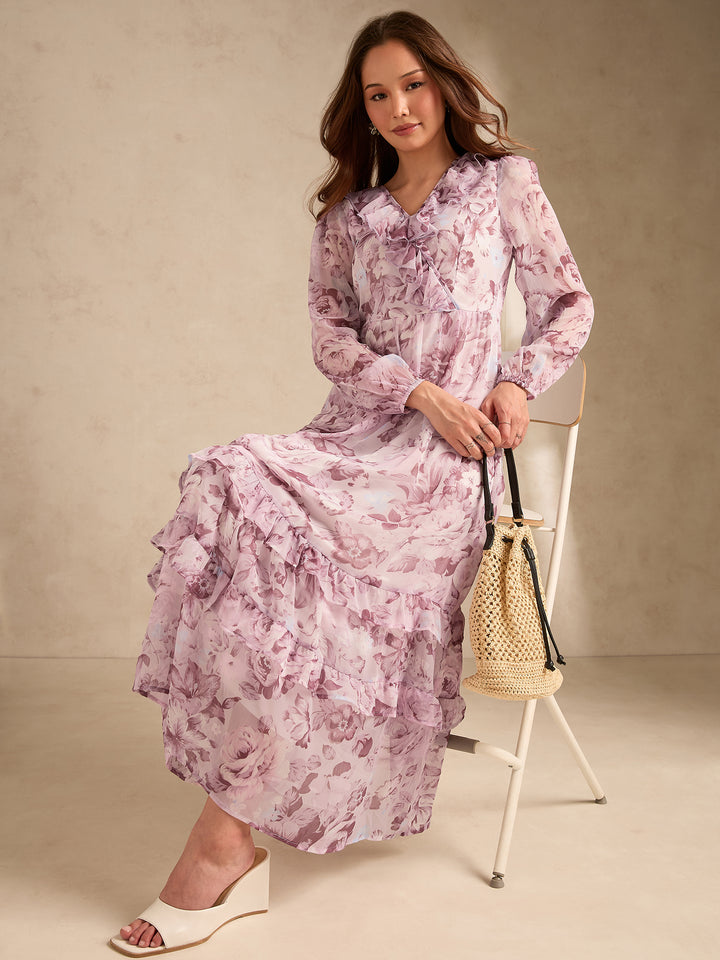 Pink Maxi Length V Length Printed Dress With Tiers