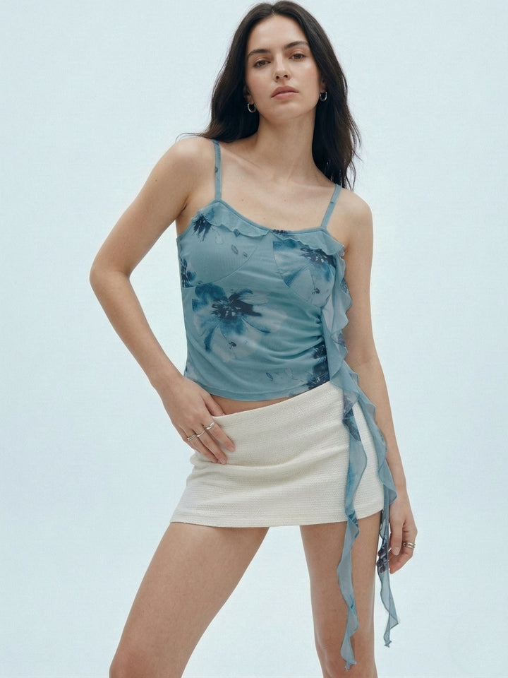 Blue Printed Mesh Cami Top