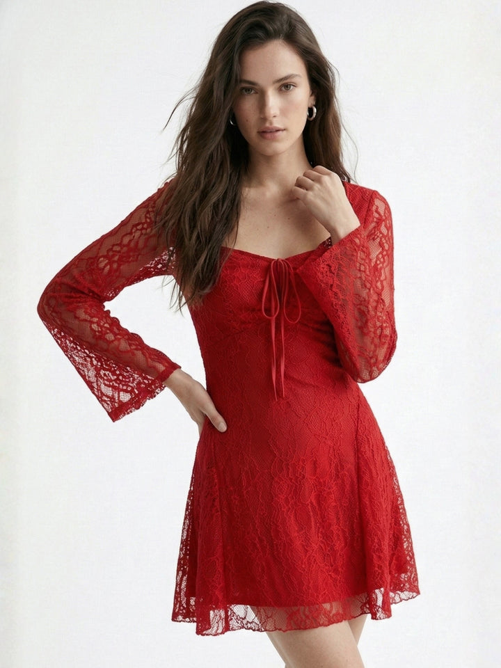 Red Lace Bell Sleeves Dress