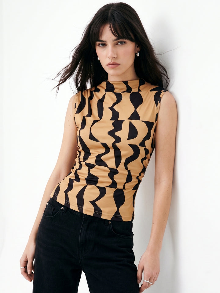 Beige High Neck Geometric Printed Top