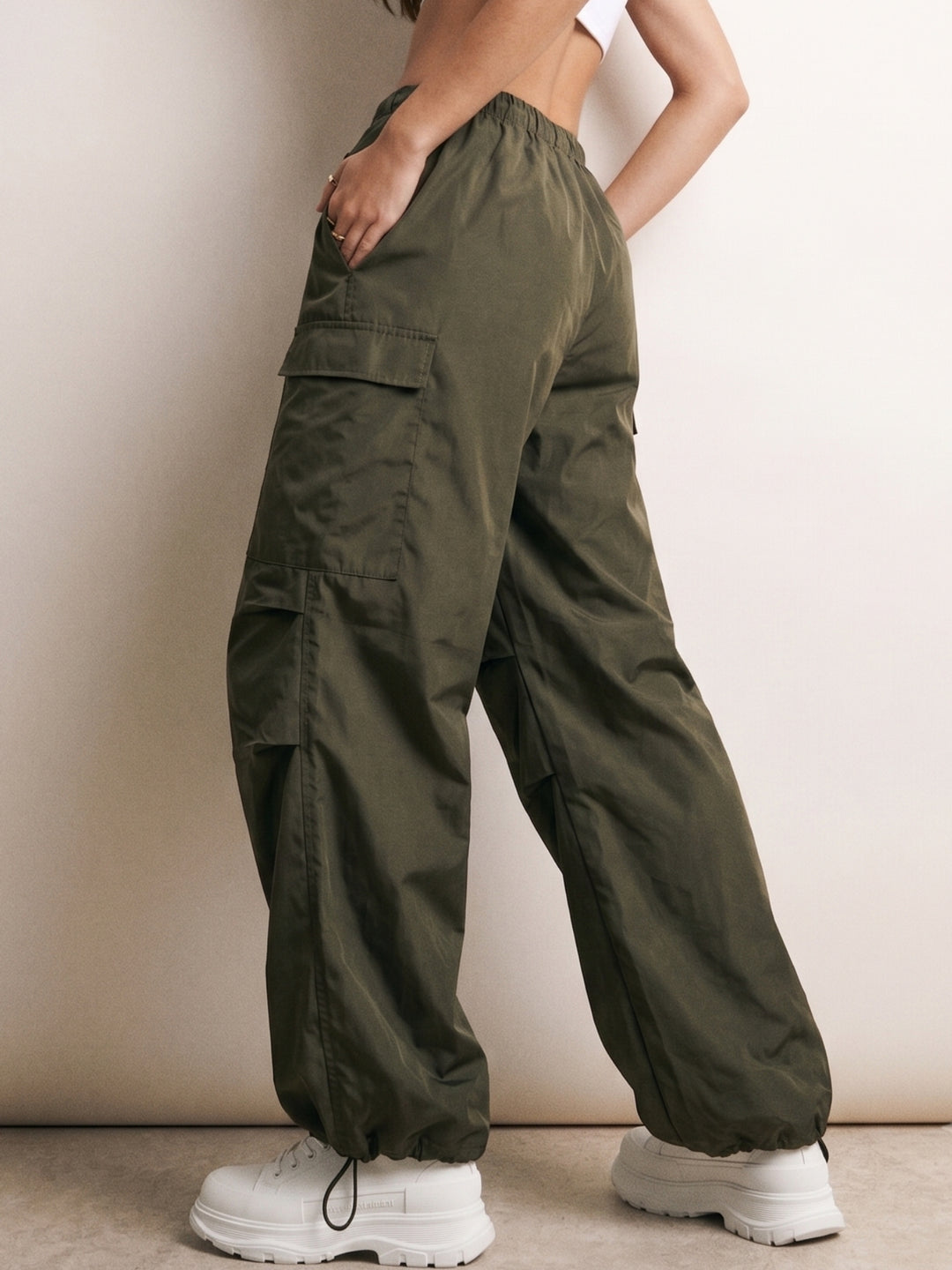 Olive Cargo Styled Parachute Pants