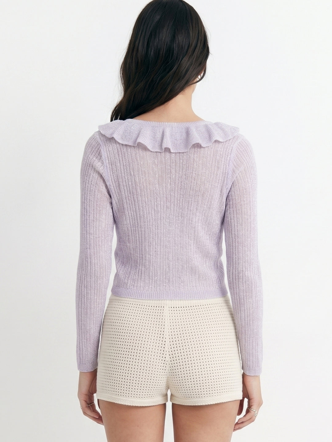 Lavender Full Sleeve Ruffle Neckline Textured Top