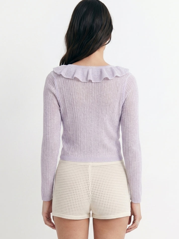 Lavender Full Sleeve Ruffle Neckline Textured Top