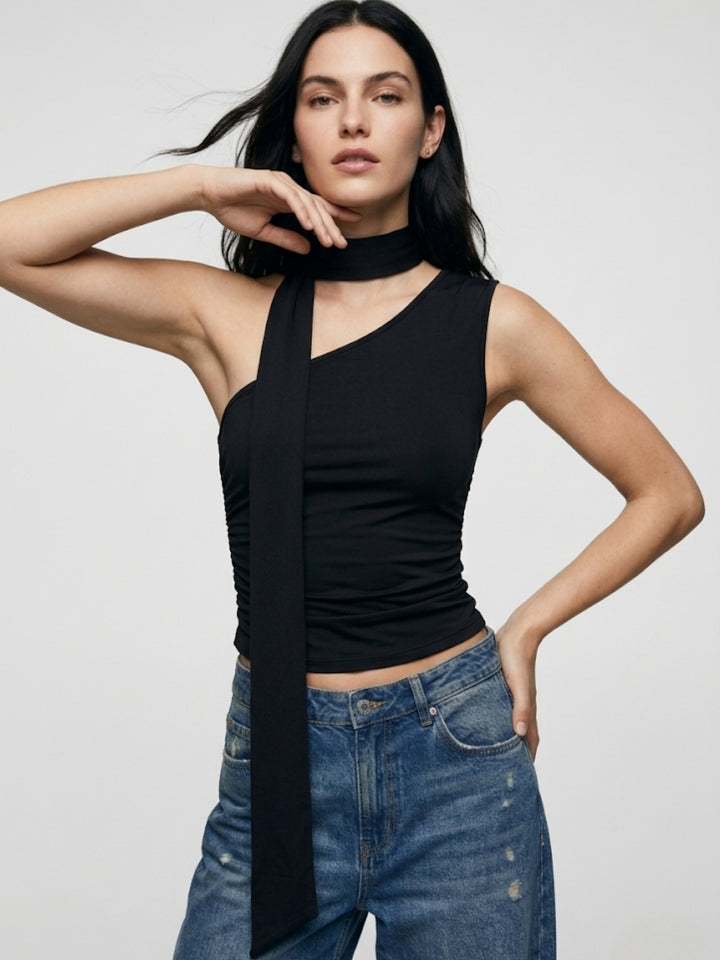 Black One Shoulder Neck Wrap Top