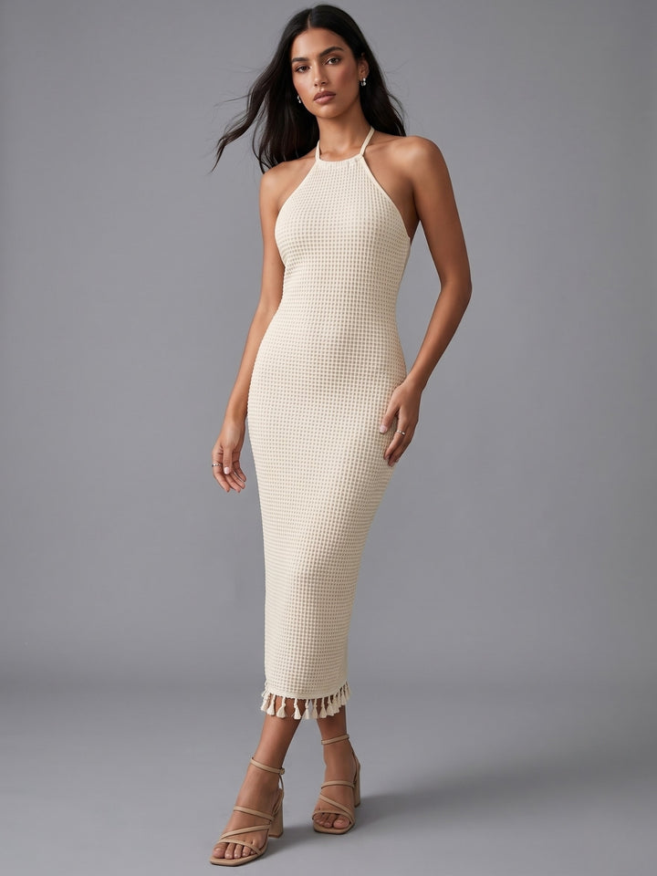 Off White Halter Neck Bottom Hem Dress