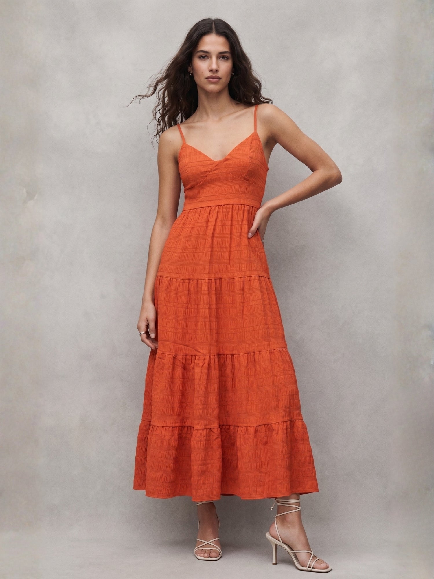 Orange Shoulder Strap Back Bow Tiered Dress