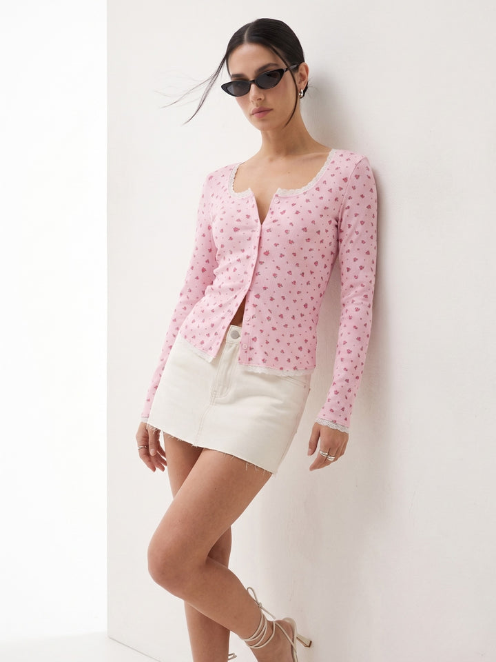Pink Printed Ribbed Top With Lace Inserts