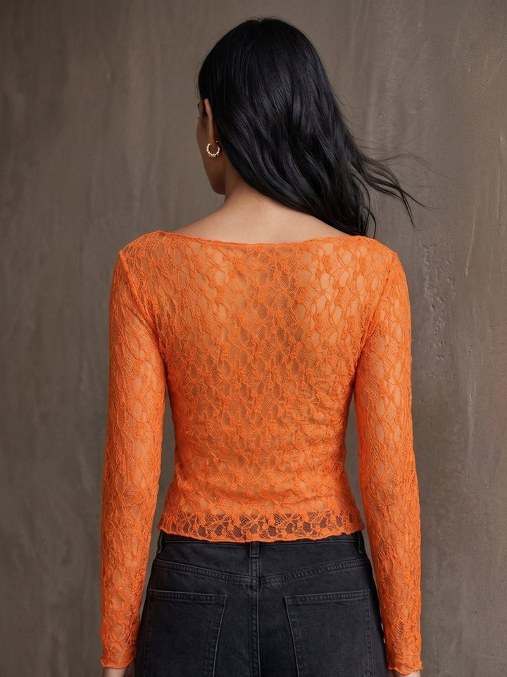 Orange Textured Mesh Sheer Top