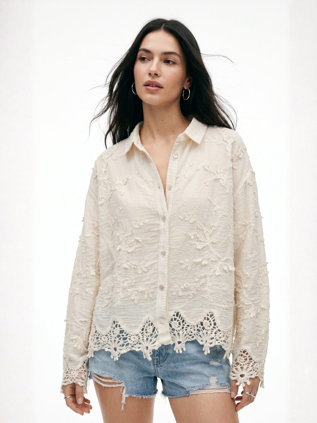 Off White Full Sleeve Lace Egde Collared Semi Sheer Embroidered Shirts