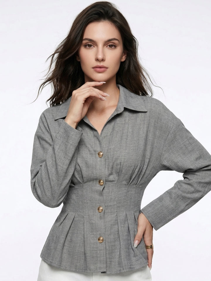 Grey Full Sleeves Front Pleated Shirt