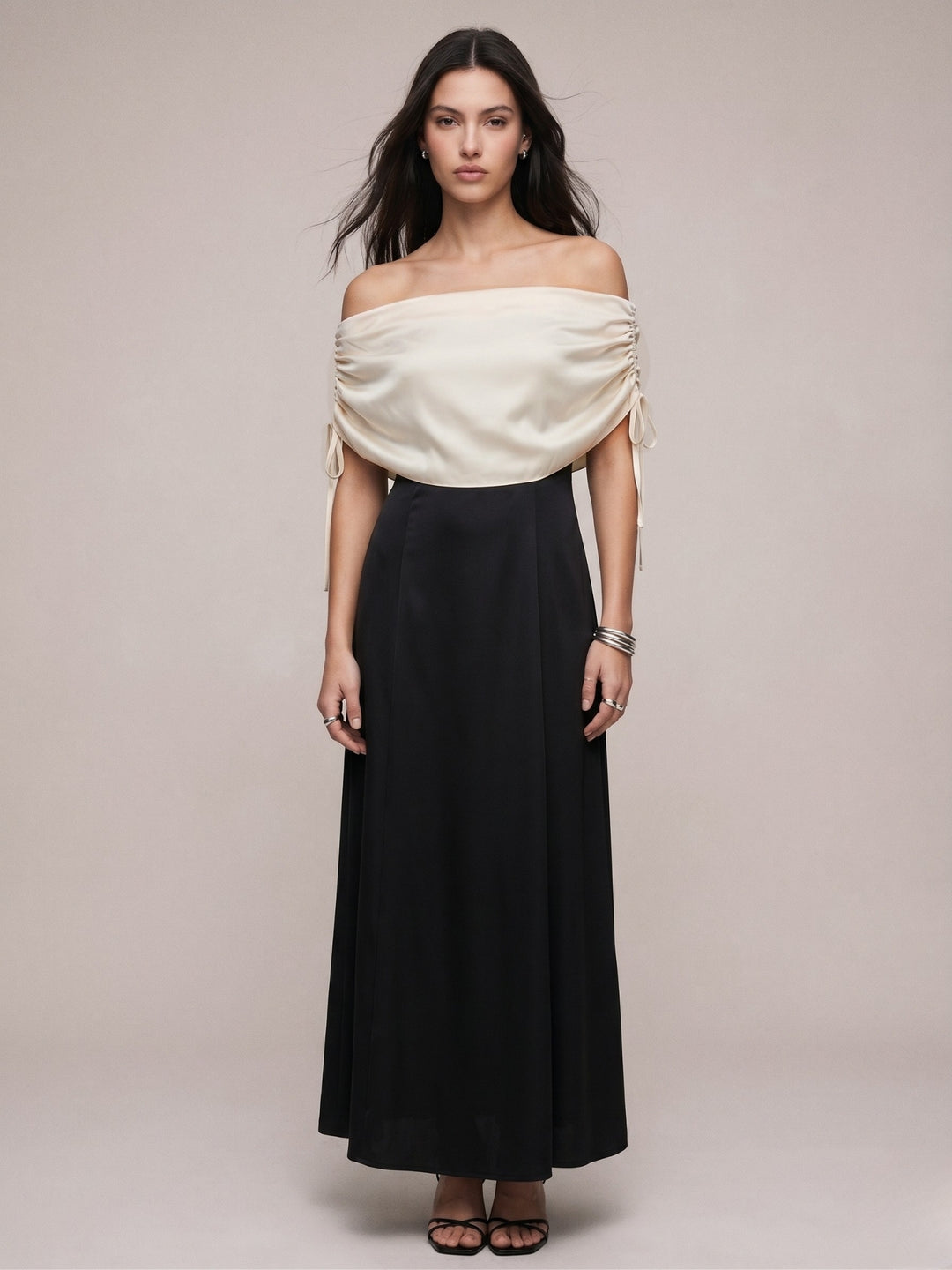 Black Draped Neckline Fit & Flare Dress