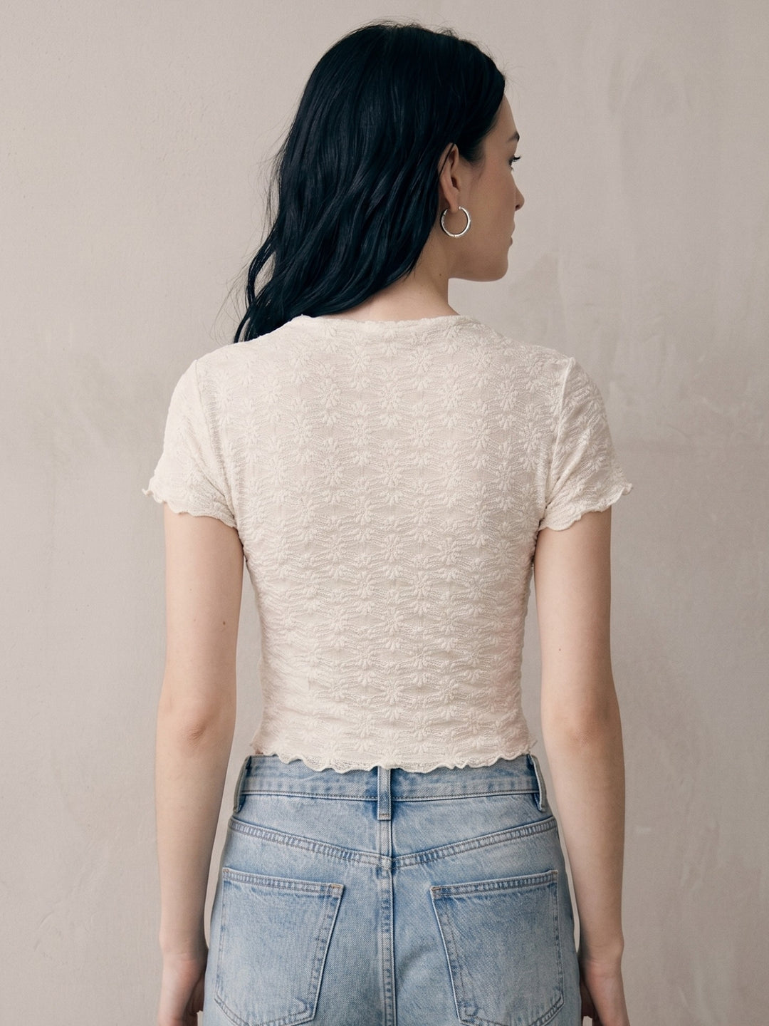 White Textured High Neck Top With Lettuce Hem