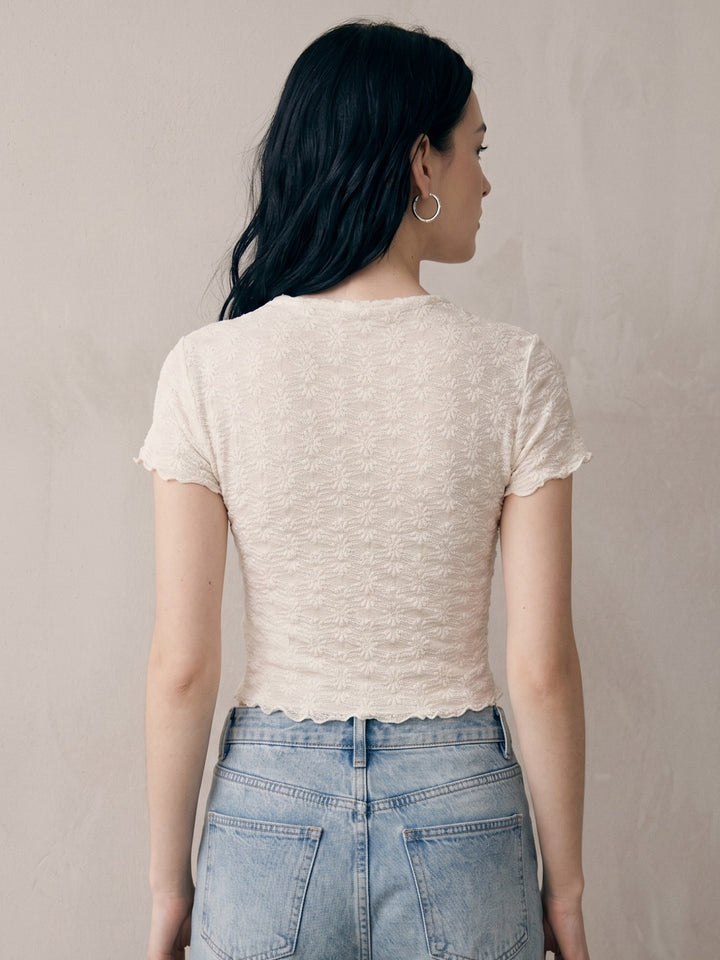 White Textured High Neck Top With Lettuce Hem
