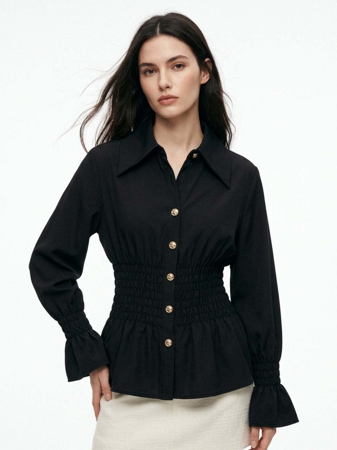 Black Waist Fitted Front Buttoned Top