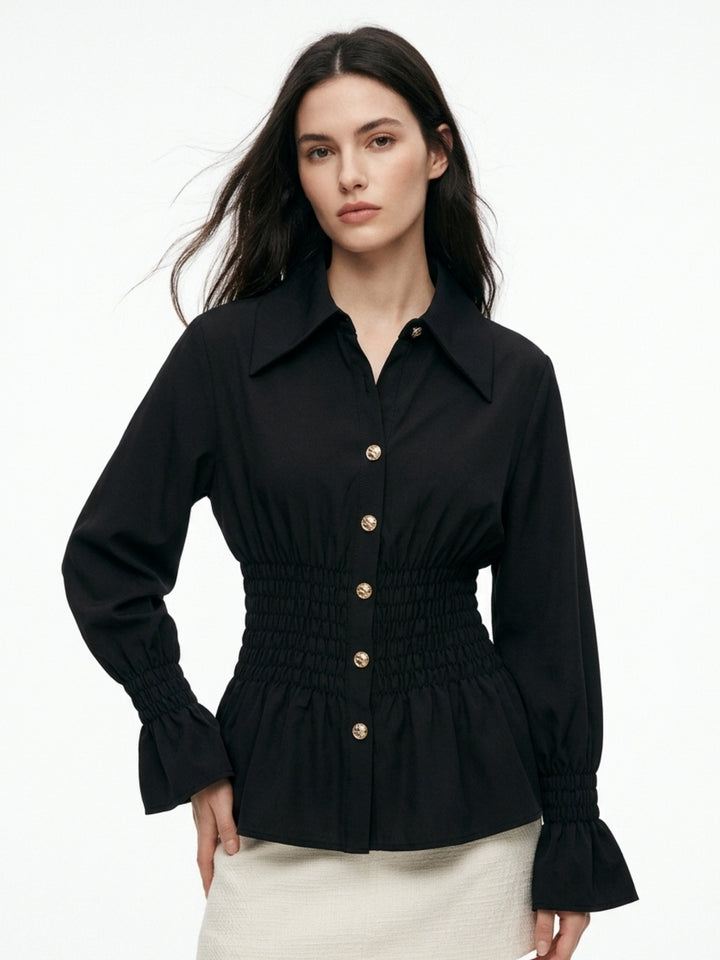 Black Waist Fitted Front Buttoned Top