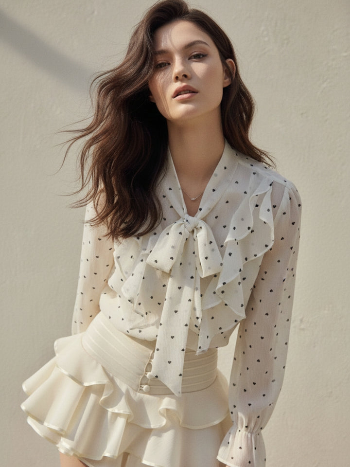 Off White Bishop Sleeve Neck Tie-Up Detail Top
