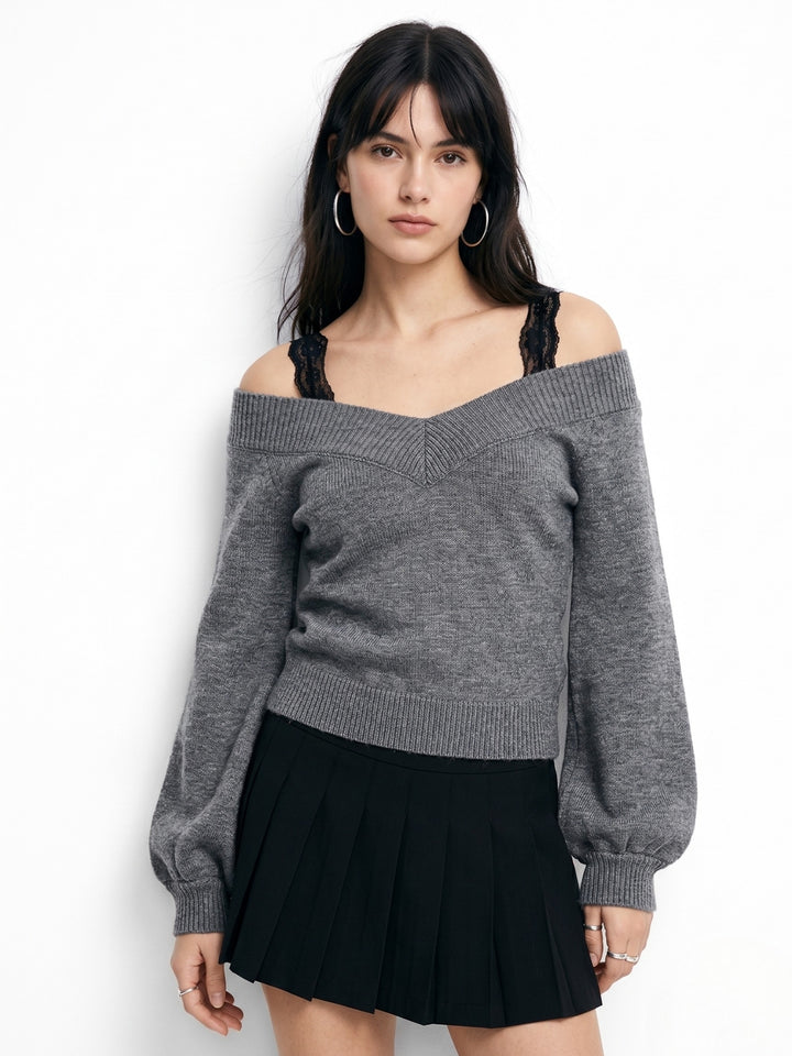 Charcoal Cold Shoulder Sweater With Lace Straps