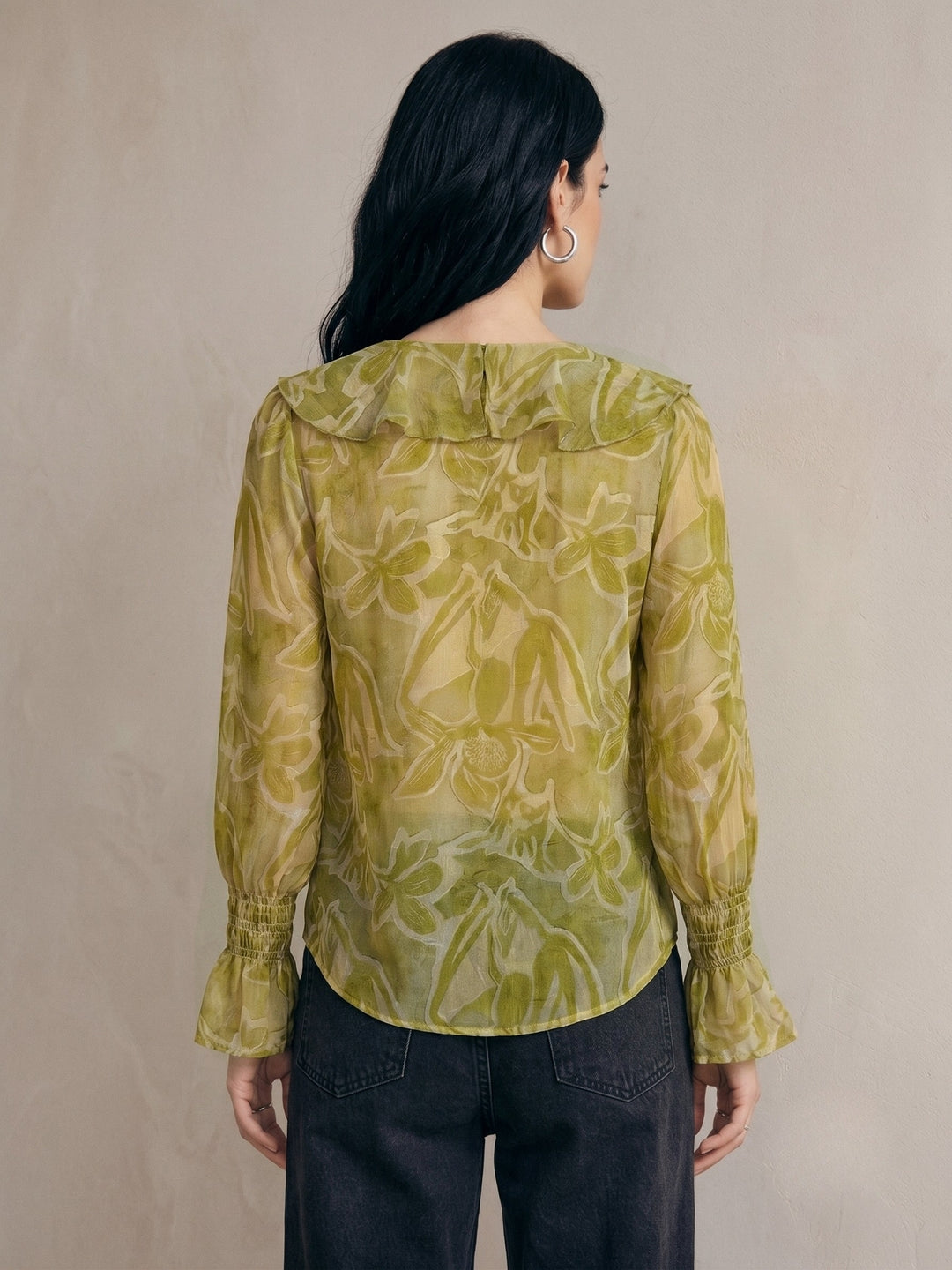 Green V Neck Printed Neck Tie Up Ruffled Blouse