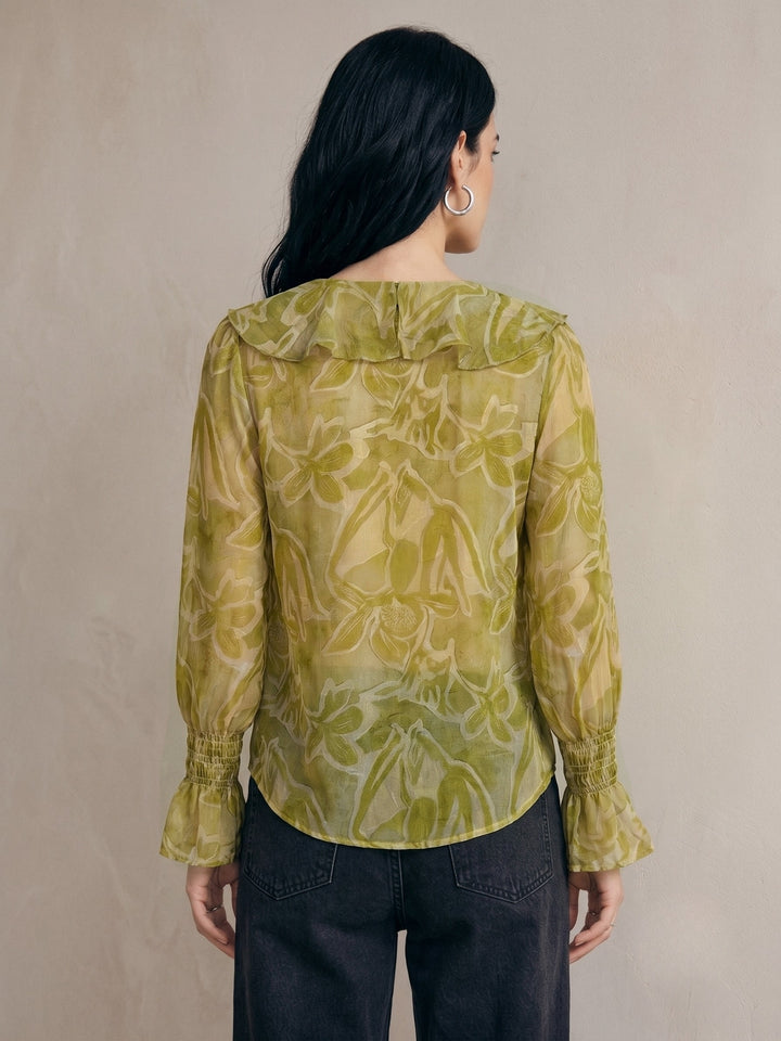 Green V Neck Printed Neck Tie Up Ruffled Blouse