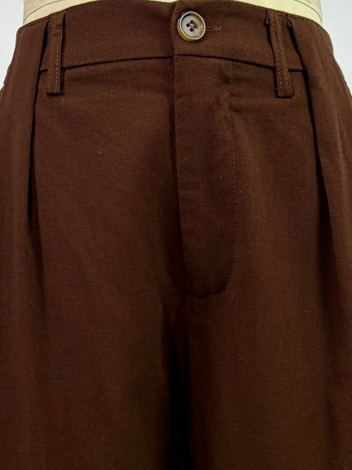 Brown Pleated High Waist Trouser With Belt Detail