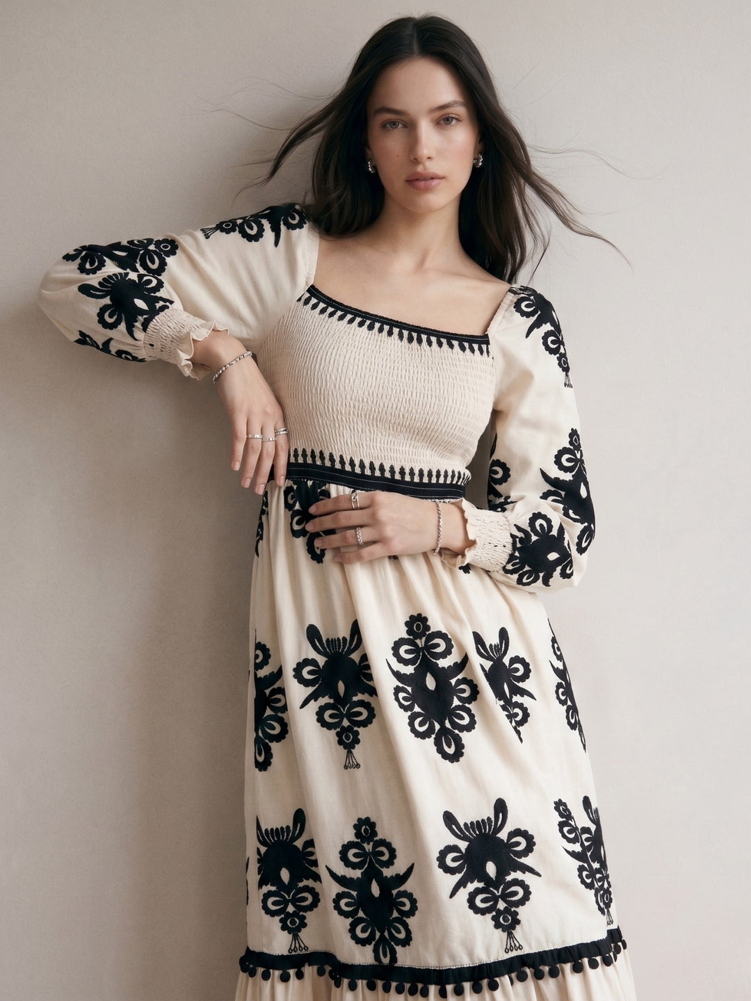 Off-white Bishop Sleeve Square Neck Printed Dress