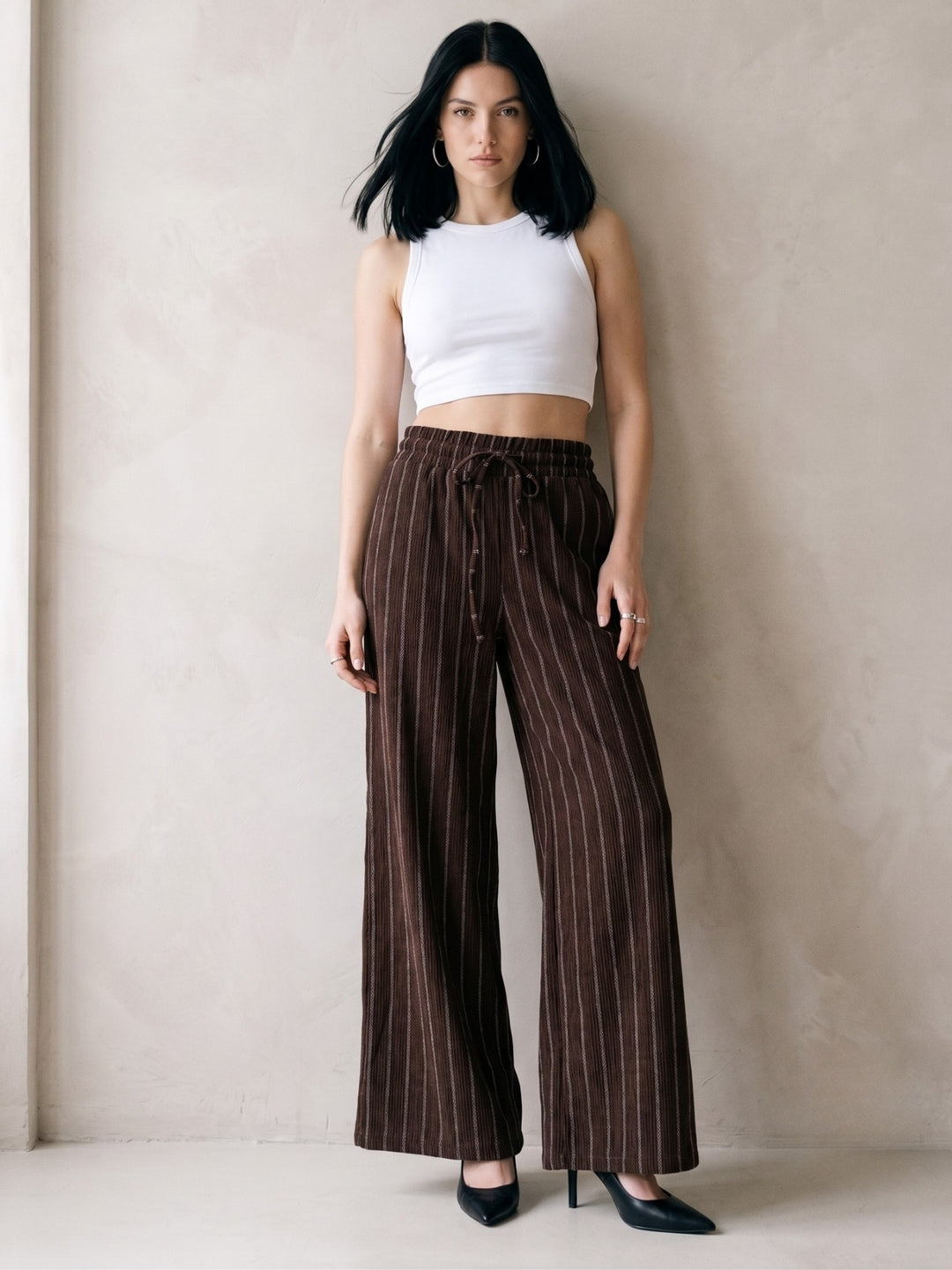 Brown High Waisted Elasticated Waistband Stripped Trousers